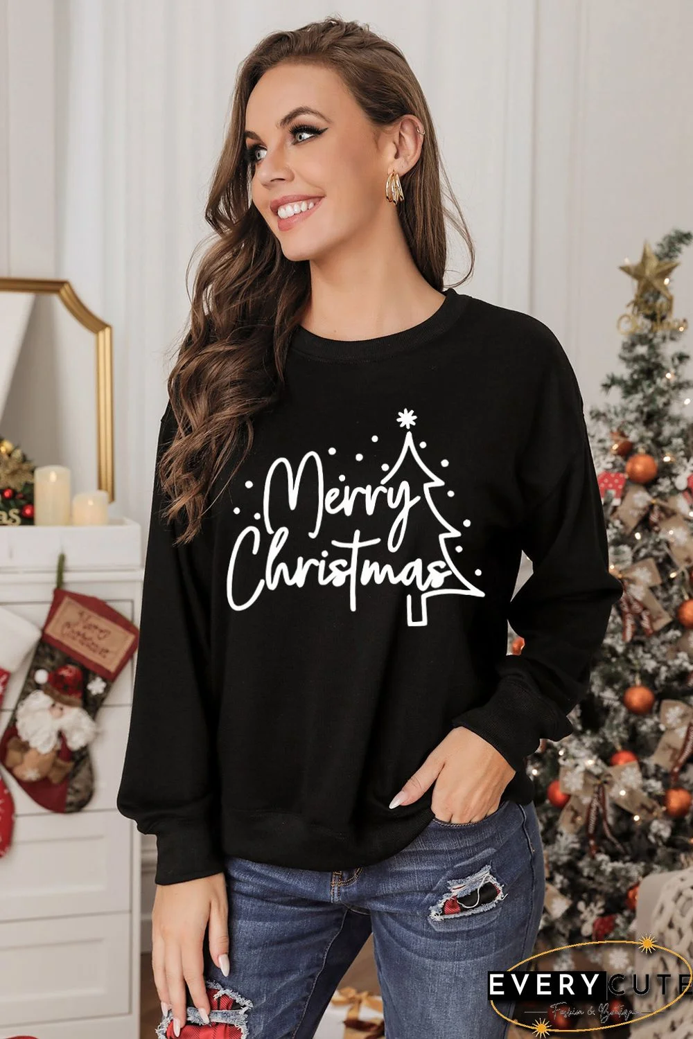 Black Merry Christmas Tree Sketch Sweatshirt