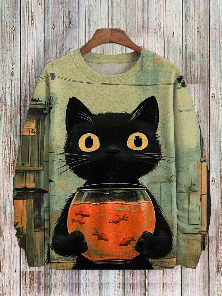 Men's Big Eyed Black Cat and Goldfish Print Casual Sweatshirt