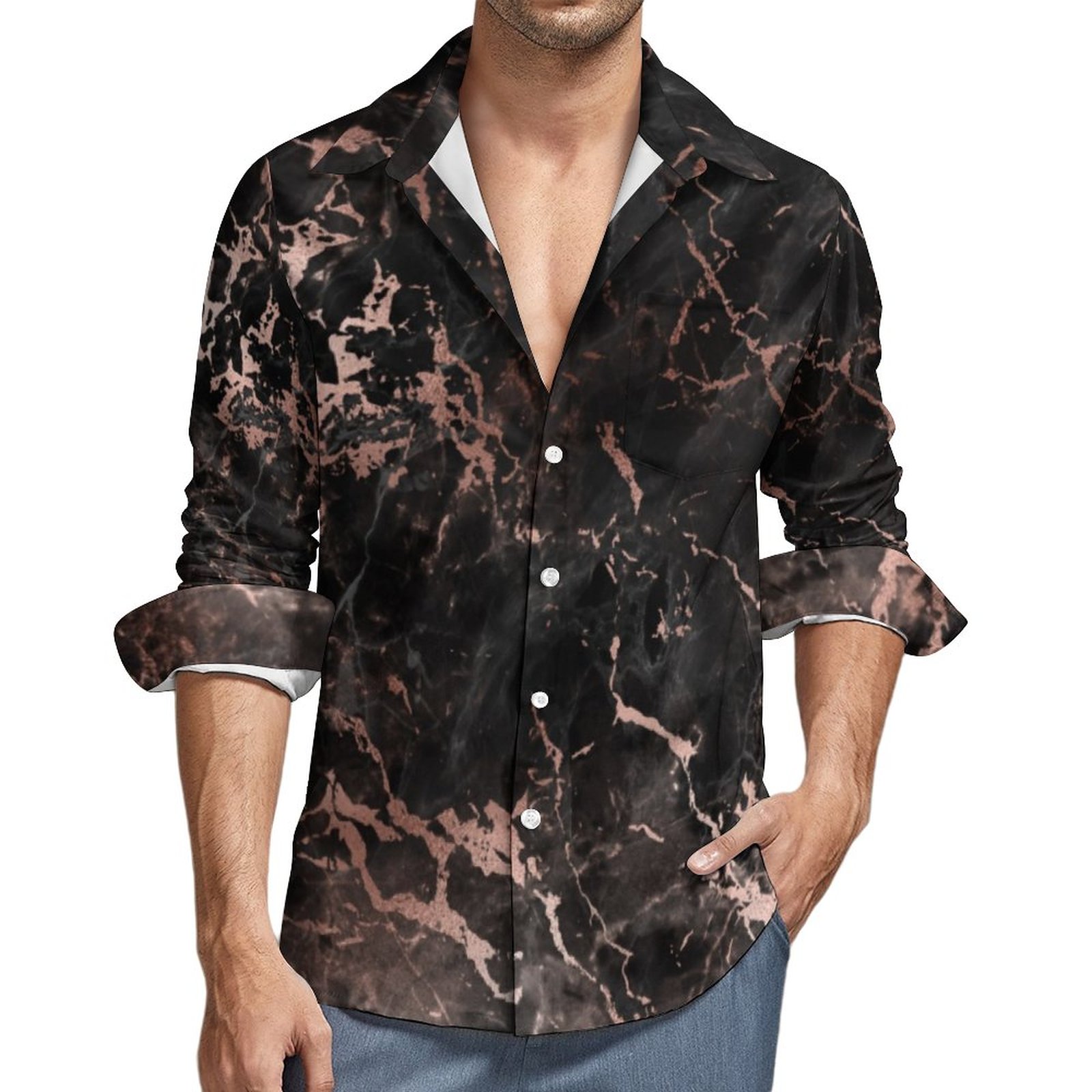 black and rose gold mens dress shirt Elegant Black Marble Rose Gold Men's Casual Long Sleeve Button Down Pocket Shirt