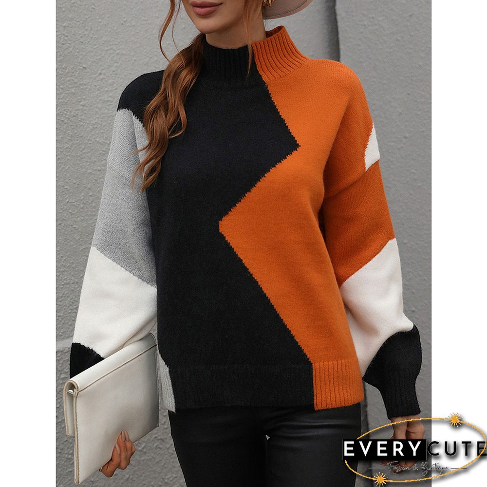 Orange Color Block Crew Neck Knit Pullover Sweater