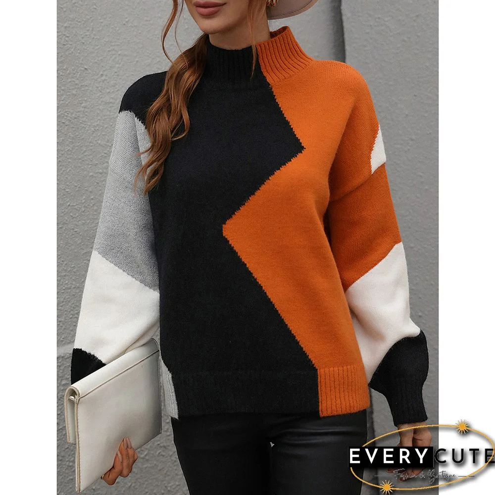 Orange Color Block Crew Neck Knit Pullover Sweater