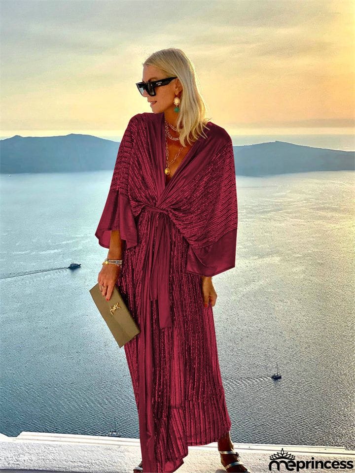 Spring and Summer Temperament Women's Sequin V-neck Cardigan Bat Sleeve Mid-waist Elegant Wind Party Vacation Dress