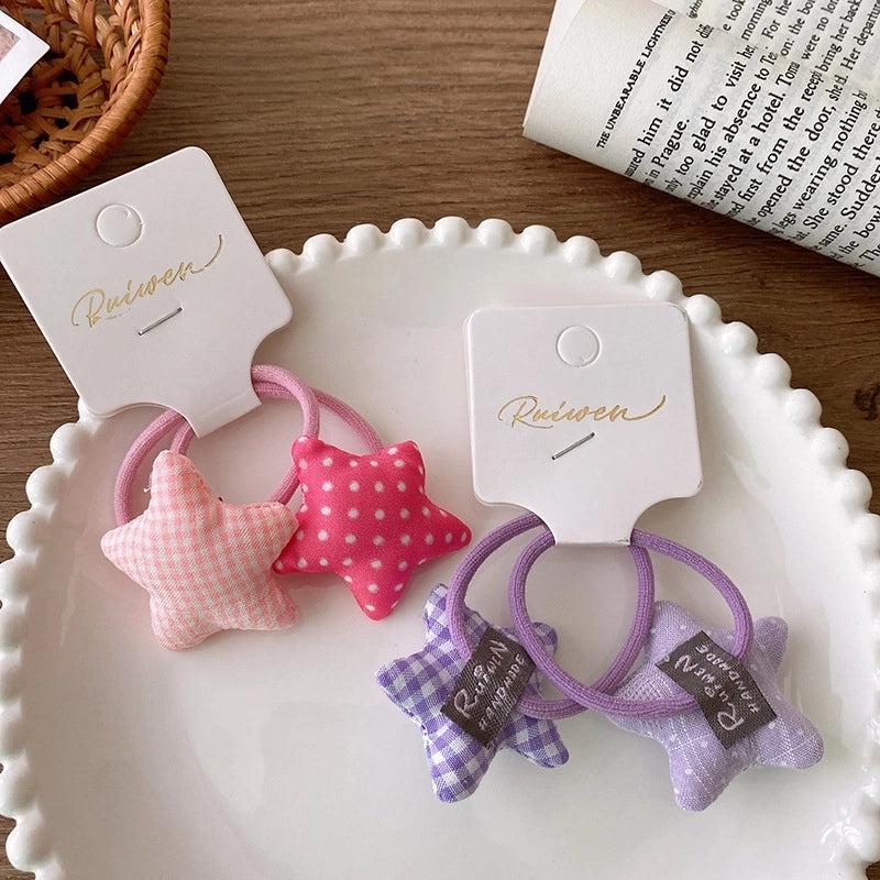 2 Korean Style Sweet Fabric Cotton Filled Colorful Five-Pointed Star Plaid Polka Dot Hair Ring Children Girl Hair Accessory For Ponytail