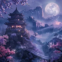 Purple Moonlit Pagoda Landscape - Diamond Painting
