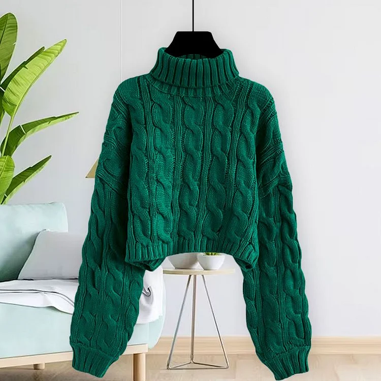 Lady’s Turtleneck Braid Knit Crop Sweater Green - Great Gift