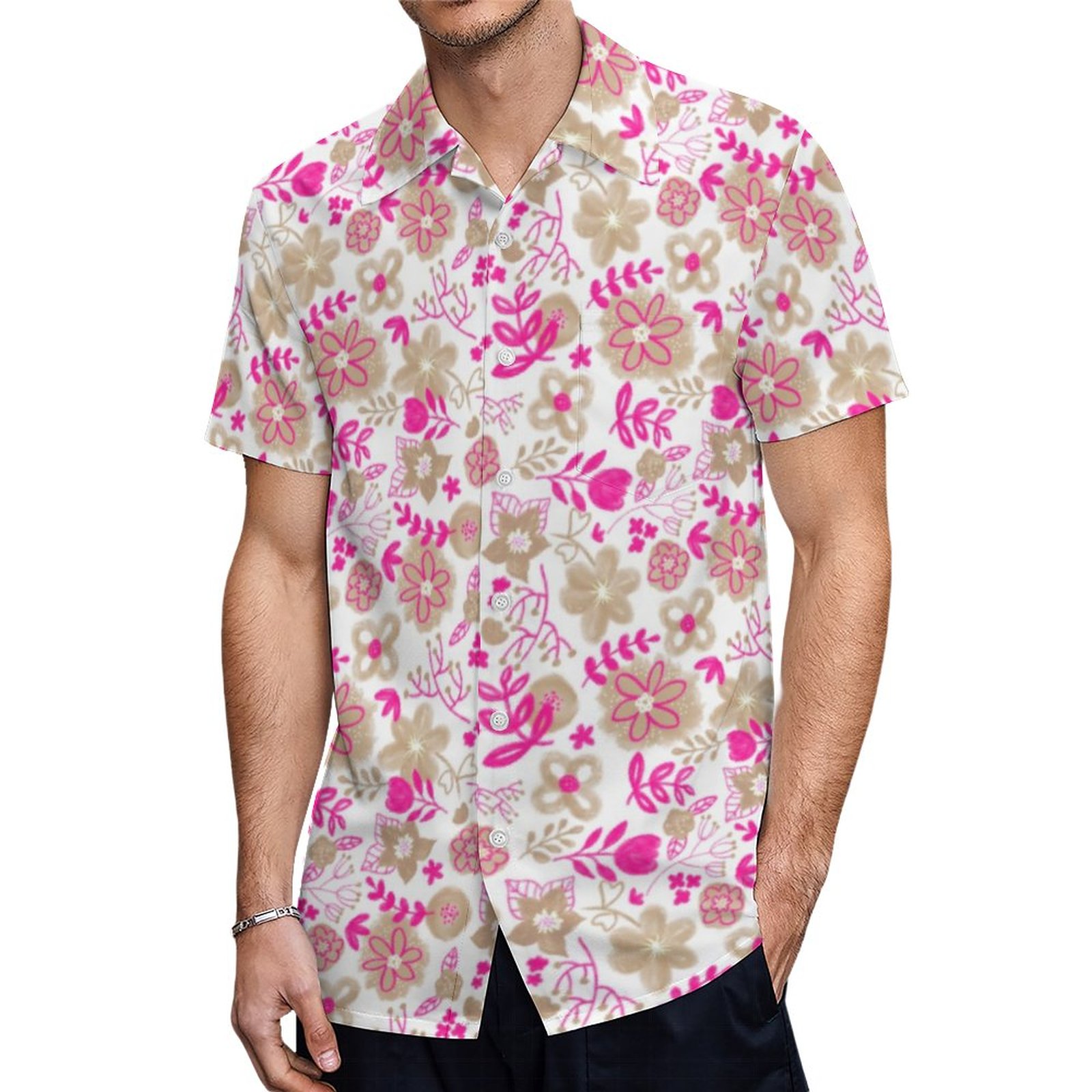Floral Pink Beige White Whimsical Seamless Pattern Hawaiian Shirt Mens Button Down Tropical Hawaii Beach Shirts