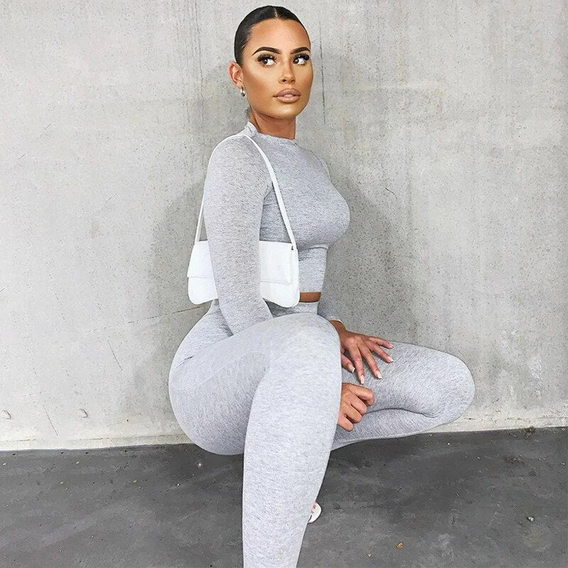 Women 2 Piece Set Solid Color Fall Autumn Fall Suit Sets Long Sleeve T-shirt Crop Tops High Waist Leggings Gym Workout Tracksuit