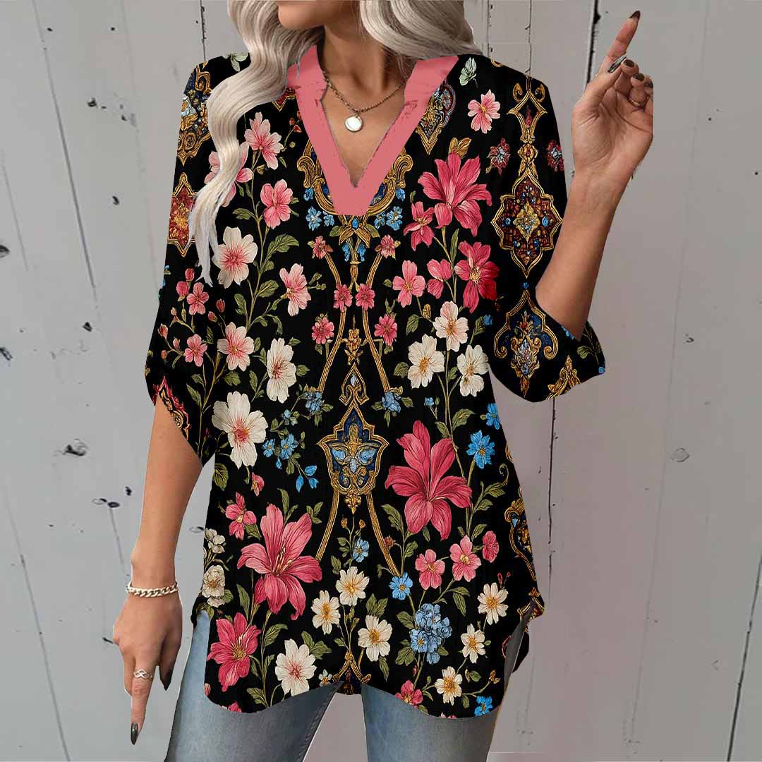 Women Floral,Black,Red DZGA0253 3/4 Sleeve V-neck Printed Graphic Button Tops