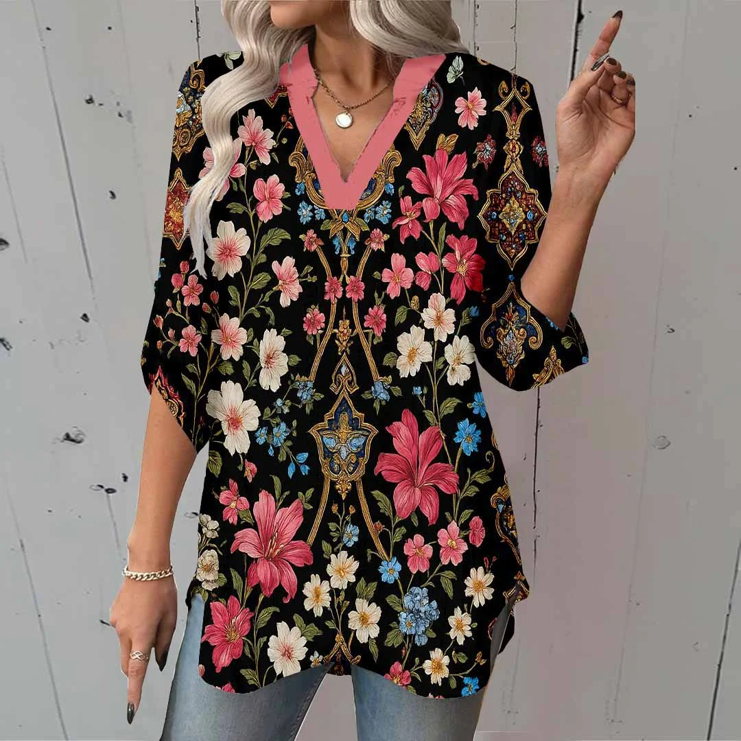 Women Floral,Black,Red DZGA0253 3/4 Sleeve V-neck Printed Graphic Button Tops