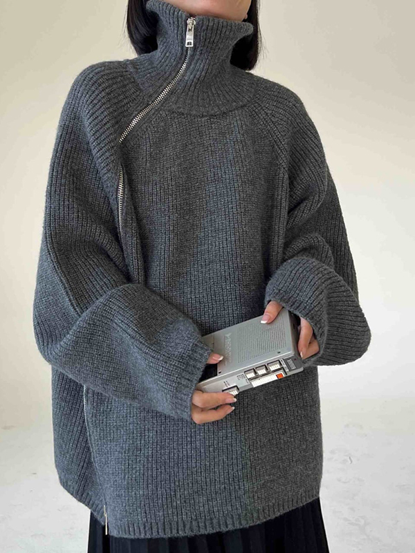 Loose Long Sleeved High Neck Zipper Sweater
