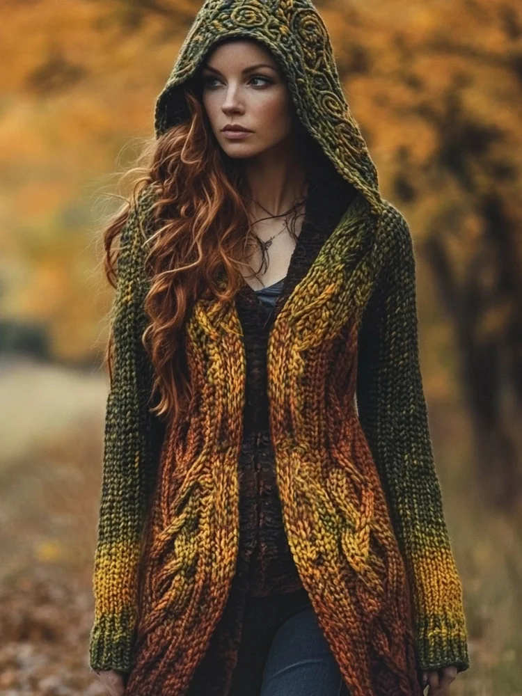 Vintage Celtic Knot Knit Women's Hooded Cardigan