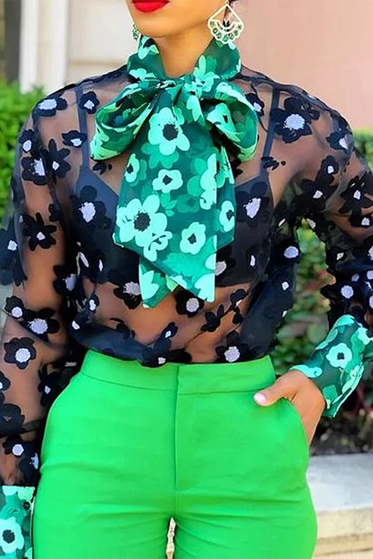 Plus Size Daily Black Long Sleeve Floral Print See Through Bow Tie Organza Blouses [Pre-Order]