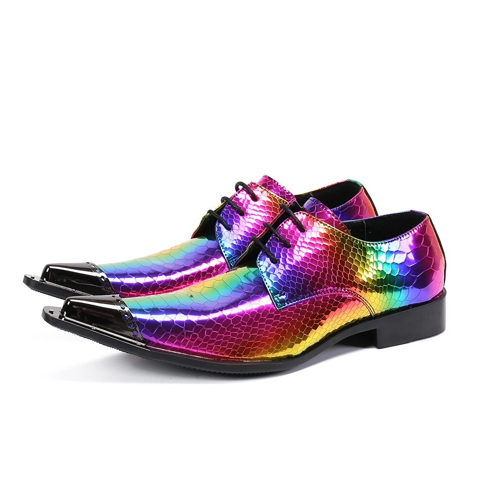 VCSHOES Plus Size Party Banquet Shoes Original Iridescent Pointed Toe Brogue Shoes Italian Patent Leather Men Oxfords Shoes