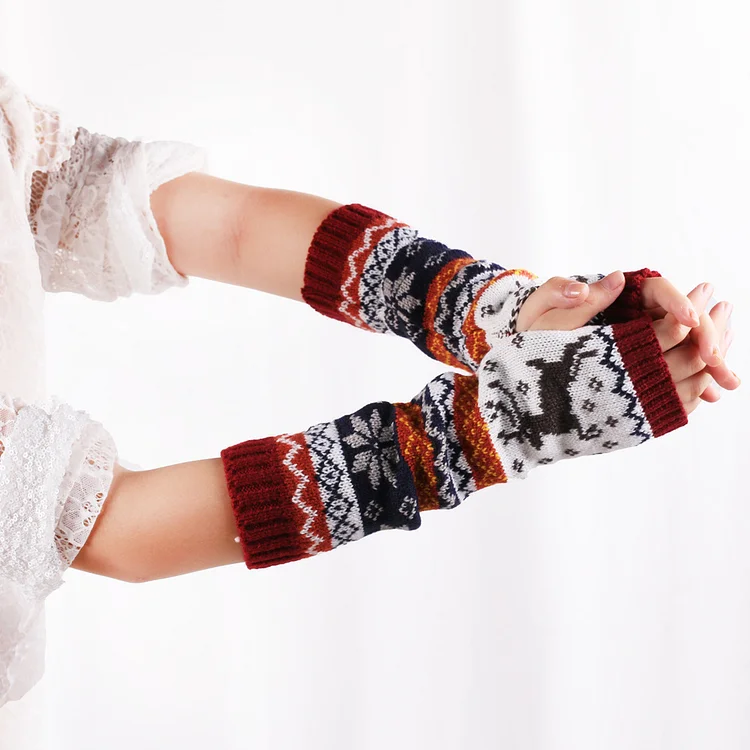 Utbros Retro Deer Snowflake Half Finger Long Gloves