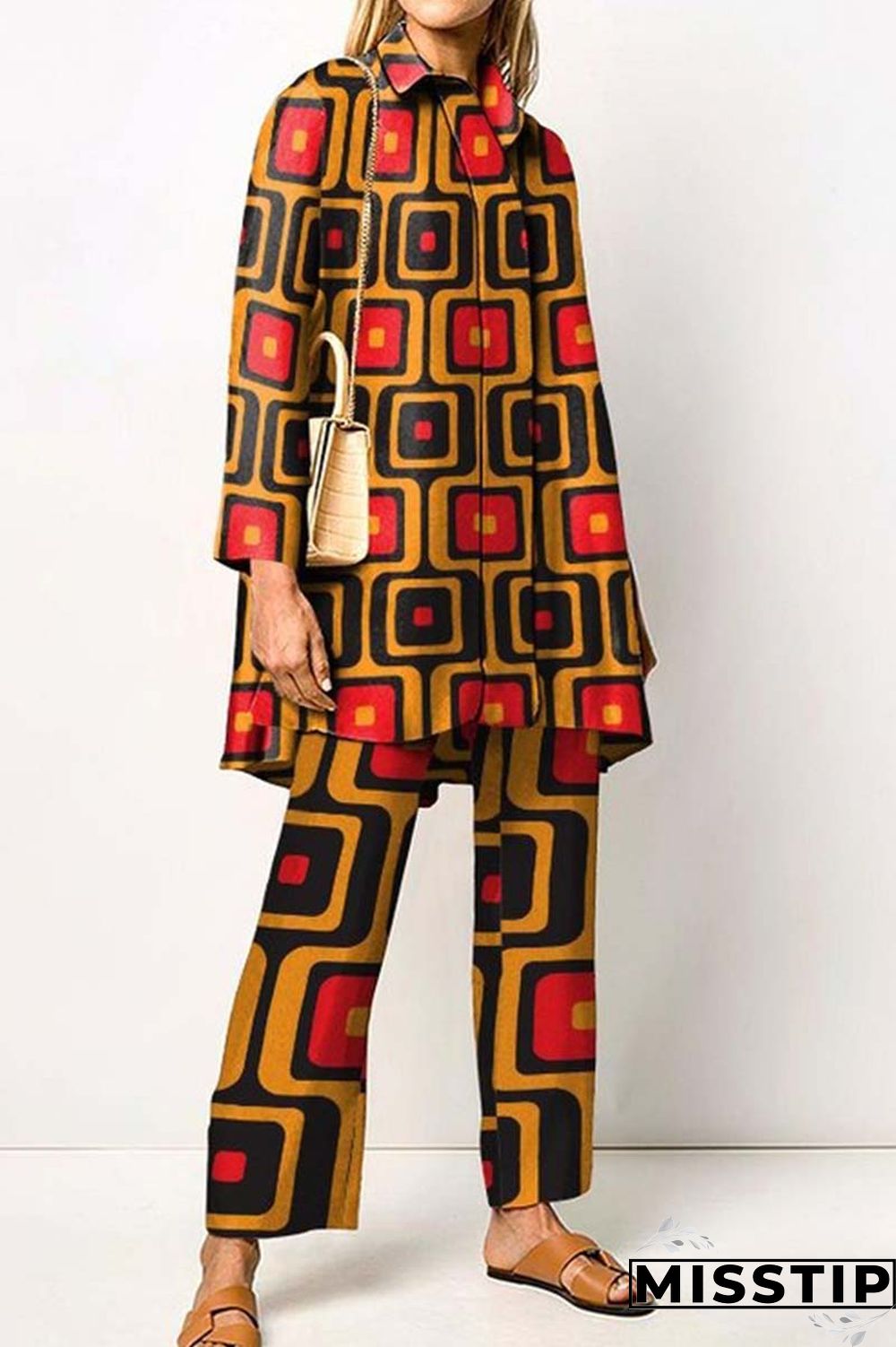 Orange Casual Print Patchwork Shirt Collar Long Sleeve Two Pieces