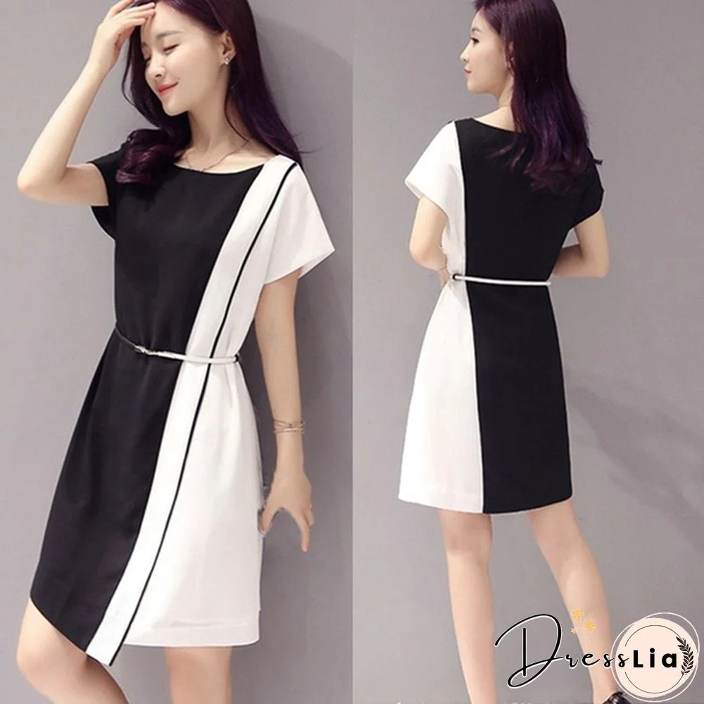 Summer Women Fashion Chiffon Mini Dress Black White Short Sleeve O-Neck Dress