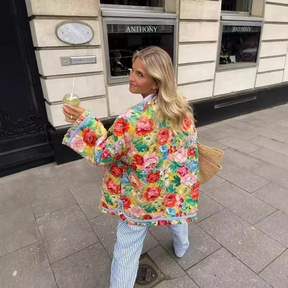Woherb Women's Wear 2024 Autumn Floral Print Loose Quilted Cotton Padded Coat Women's Jacket-Outfit Ideas