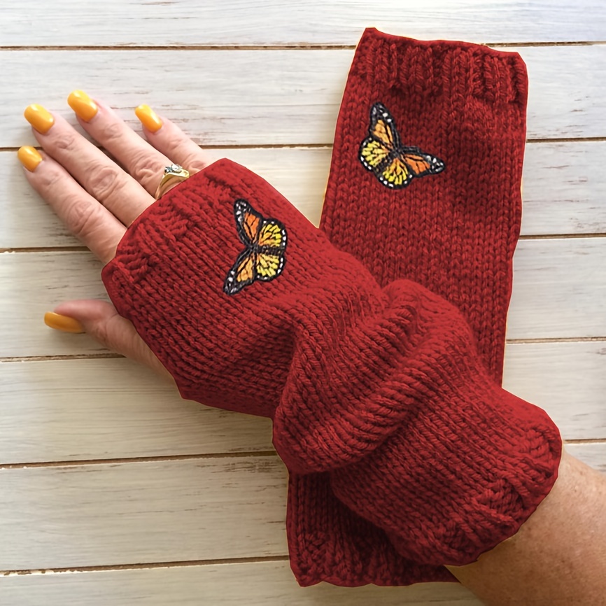 Solid Color Stretch Knit Gloves Half Finger Butterfly Embroidery Decor Gloves Winter Fingerless Warm Women's Gloves