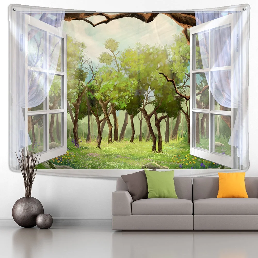 Window Forest Plant Landscape Tapestry Natural Scenery Wall Hanging Indian Throw Mandala Hippie Bedspread Bohemian Home Decor