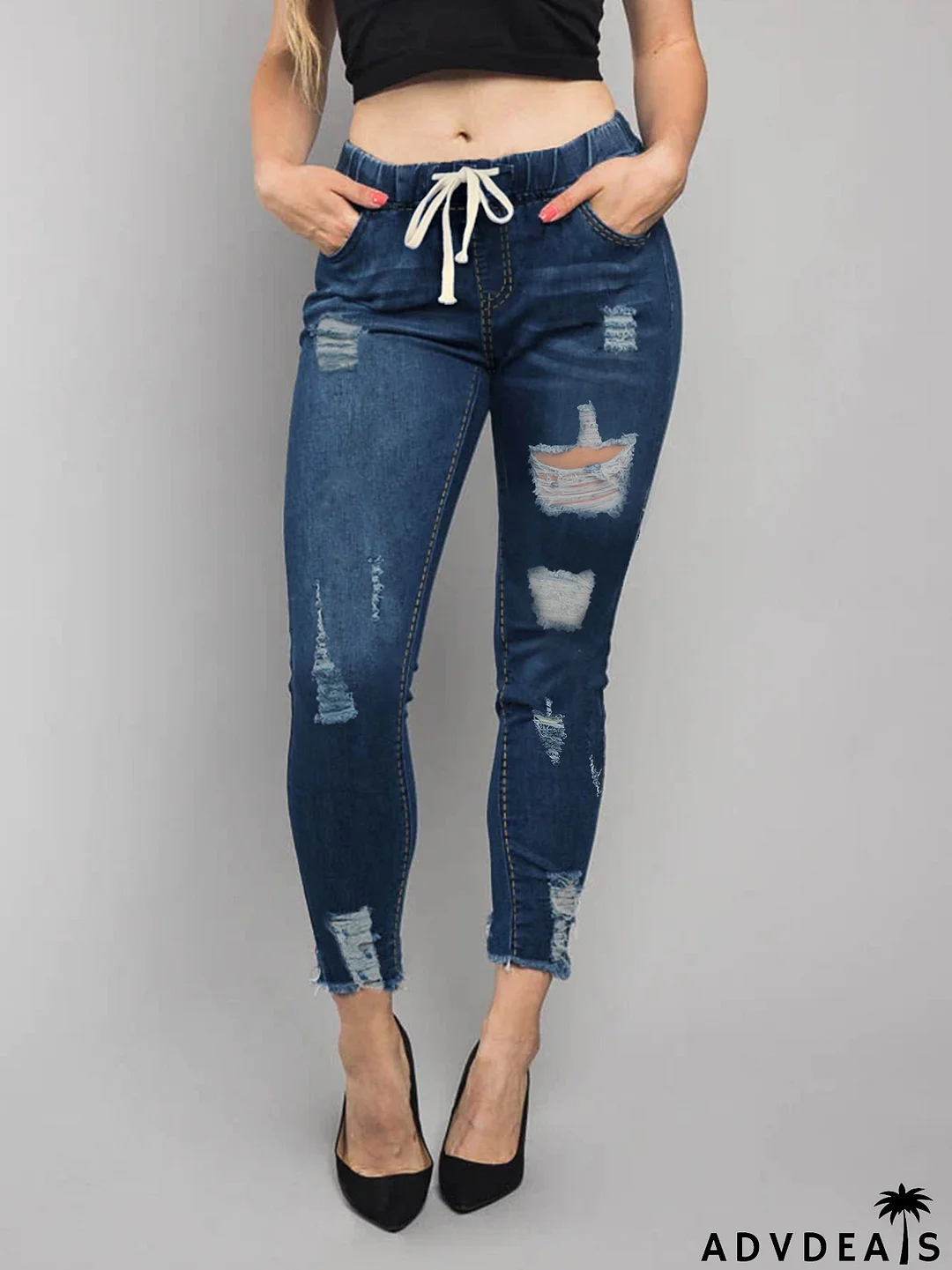 Women's Elastic Waist Ripped Denim Pants Women's Mid Rise Tie Slim Fit Stretch Tight Jeans