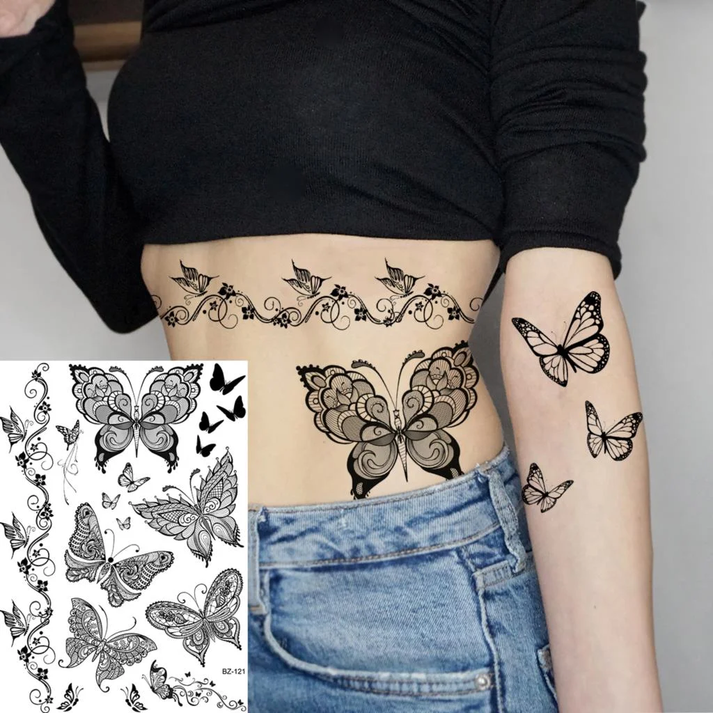 Sdrawing Lace Fingers Henna Mandala Temporary Tattoos For Women Adult Butterfly Pendant Fake Tattoo Sticker Body Art Tatoo