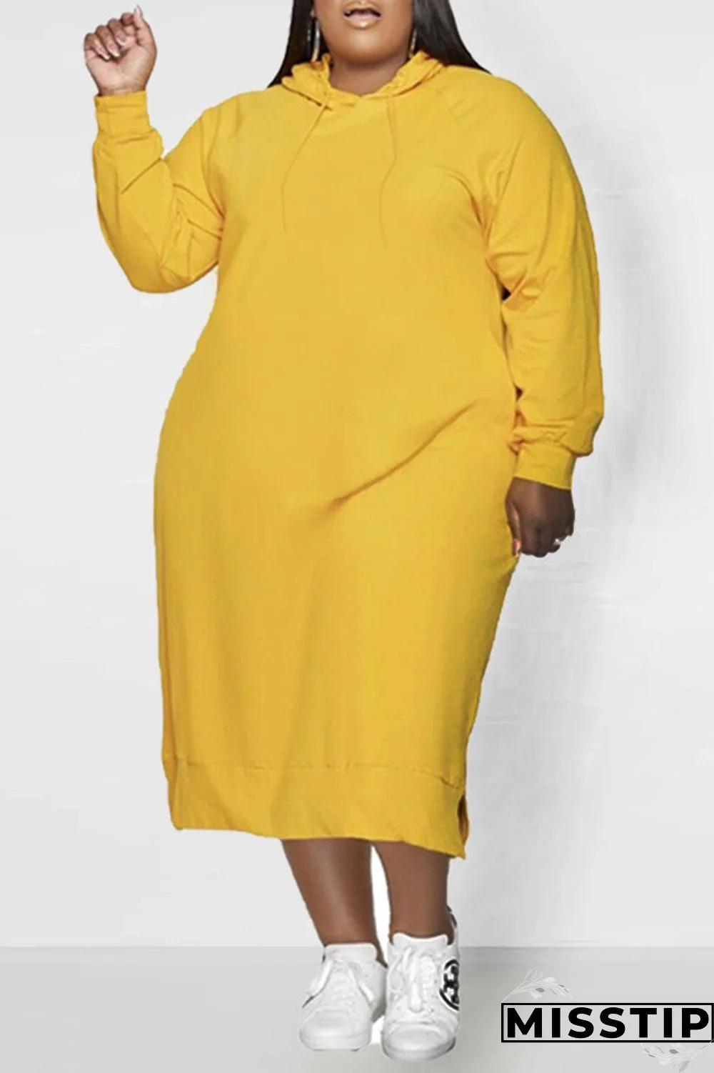 Black Casual Solid Patchwork Hooded Collar Straight Plus Size Dresses