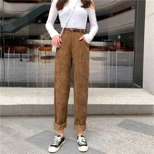 Vintage Full Length Trousers With Belt Loose Casual Bottoms Pants