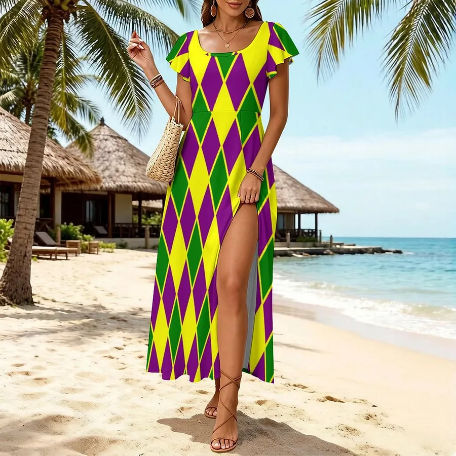 mardi gras maxi dress Women Elegant Party Dress Mardi Gras Harlequin Diamond Carnival Gold Fleur de Lis Boho A-Line Gowns Evening Split Maxi Dresses