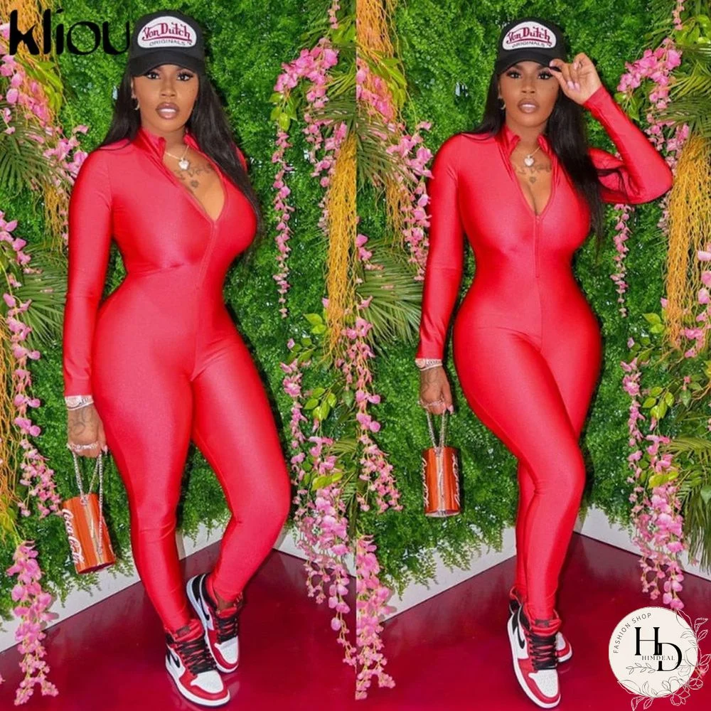 Kliou Zipper Solid Bodycon Womens Jumpsuit New Fashion Streetwear Skinny Long Sleeve One Piece Active Jumpsuits