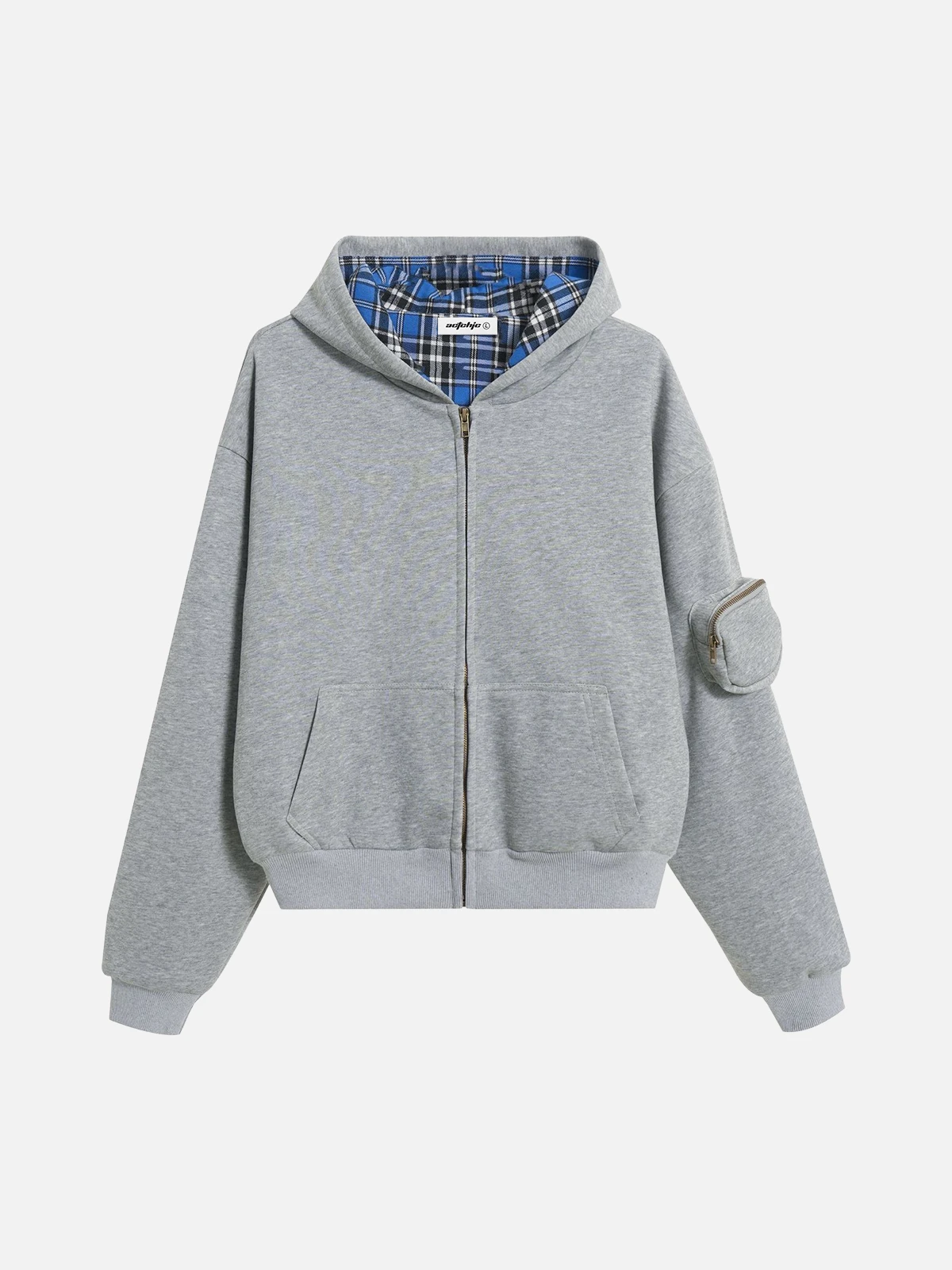 Grey Vintage Plaid 3D Pocket Zip Up Hoodie Front