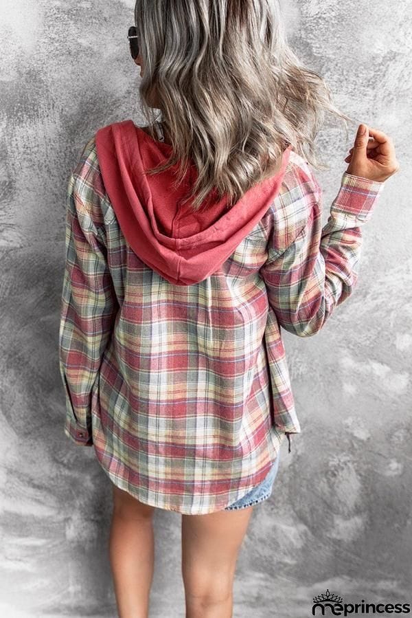 Drawstring Plaid Hooded Shirt Coat