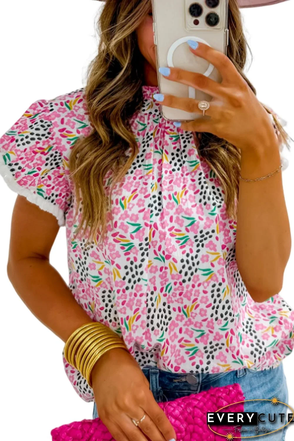 Pink Multicolor Abstract Print High Neck Flutter Sleeves Top