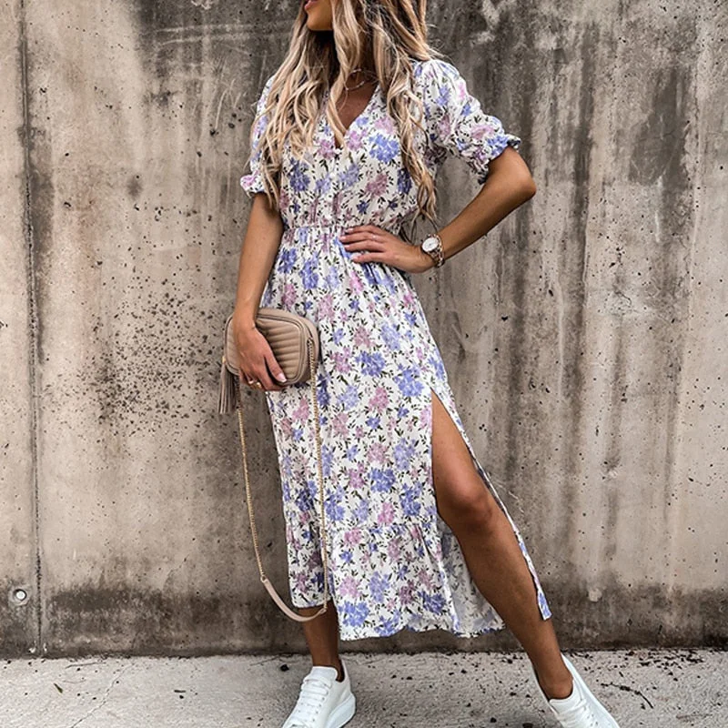 Women Floral Print V Neck Side Slit Party Dress Spring Autumn Long Sleeve Elegant Ladies Sexy Elastic Waist Slim Dress Vestidos