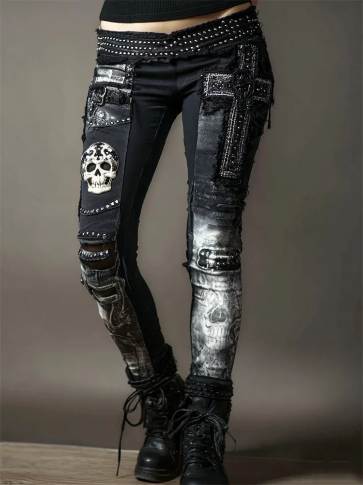 Rock Skull Cross Studded Patchwork Washed Comfy Leggings