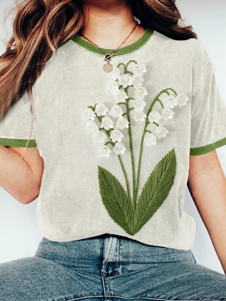 VChics Lily of the Valley Embroidery Art Vintage Cozy T Shirt