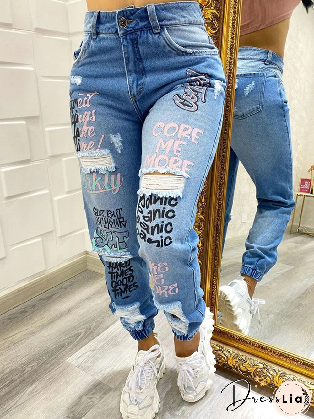 New Letter Print Slant Pocket Ripped Jeans Casual Jeans Women