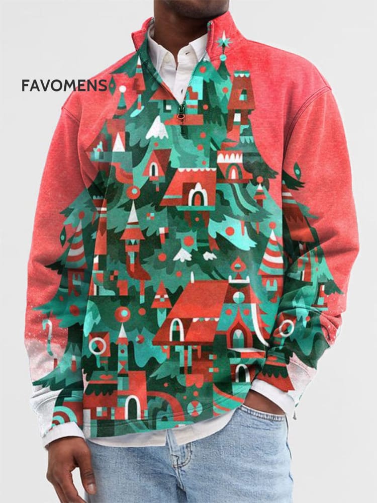 Christmas Tree Flat Print Casual Long Sleeve Zip Sweatshirt Multicolor / S