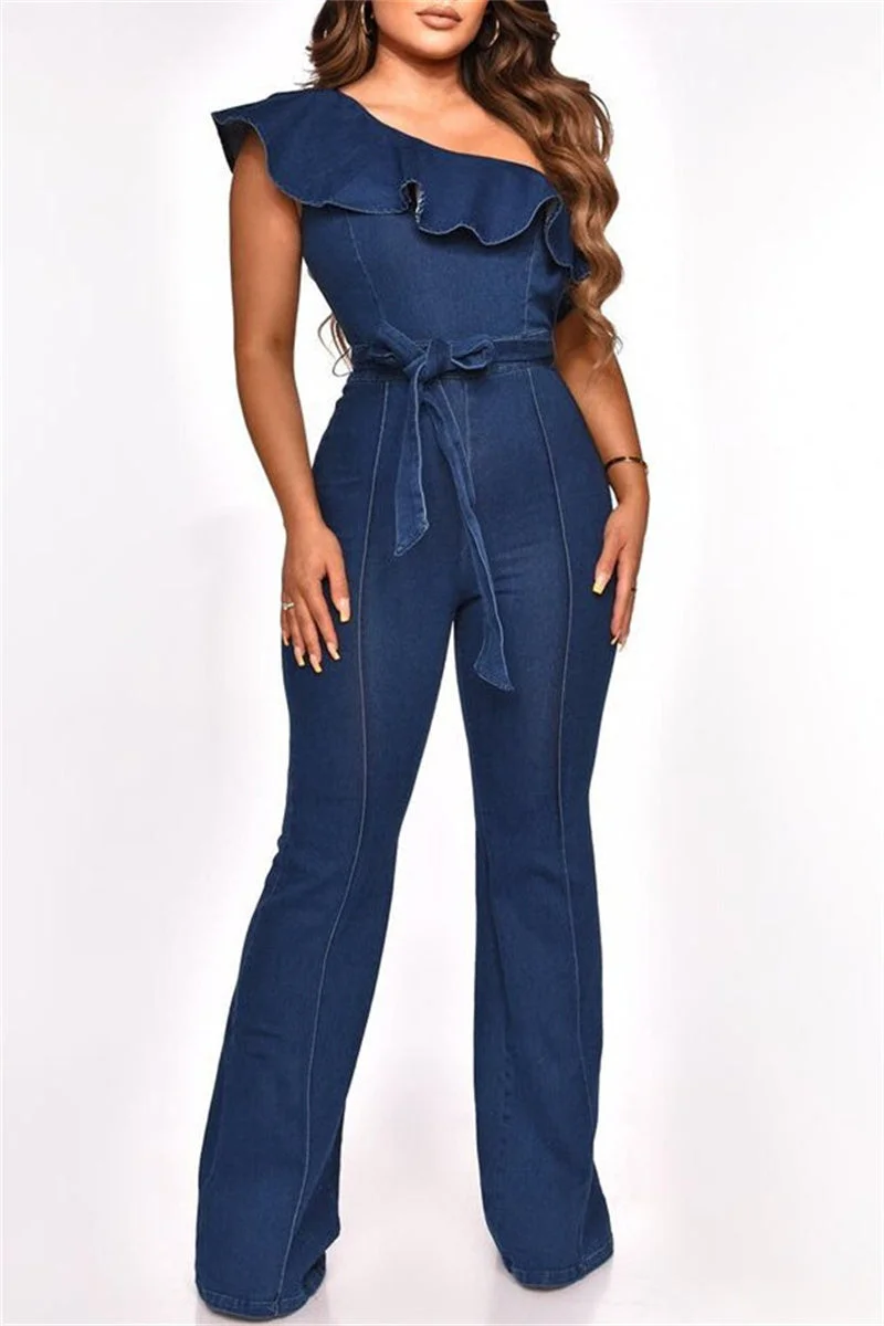 Fashion Casual Solid Patchwork Backless Oblique Collar Regular Jumpsuits