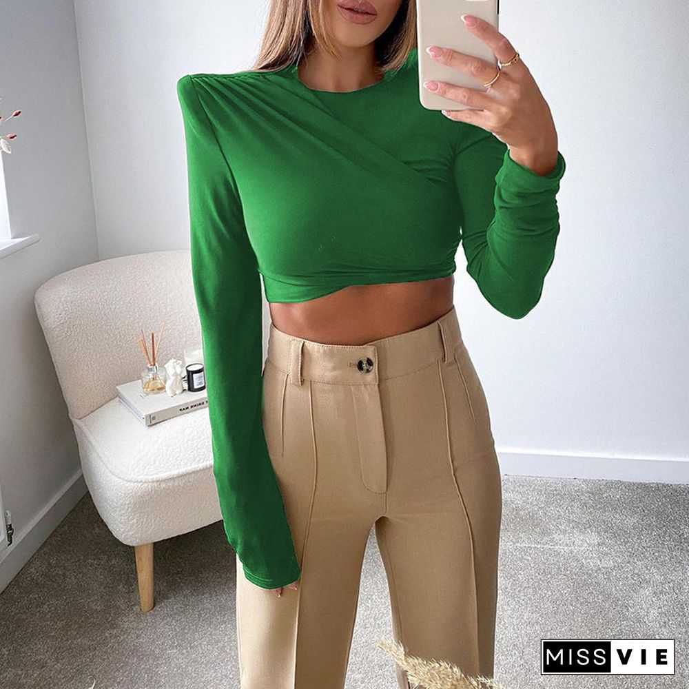 O Neck Brown Long Sleeve Crop Top Women Basic Casual Autumn Winter Sexy T Shirts Black Ruched Streetwear Fashion