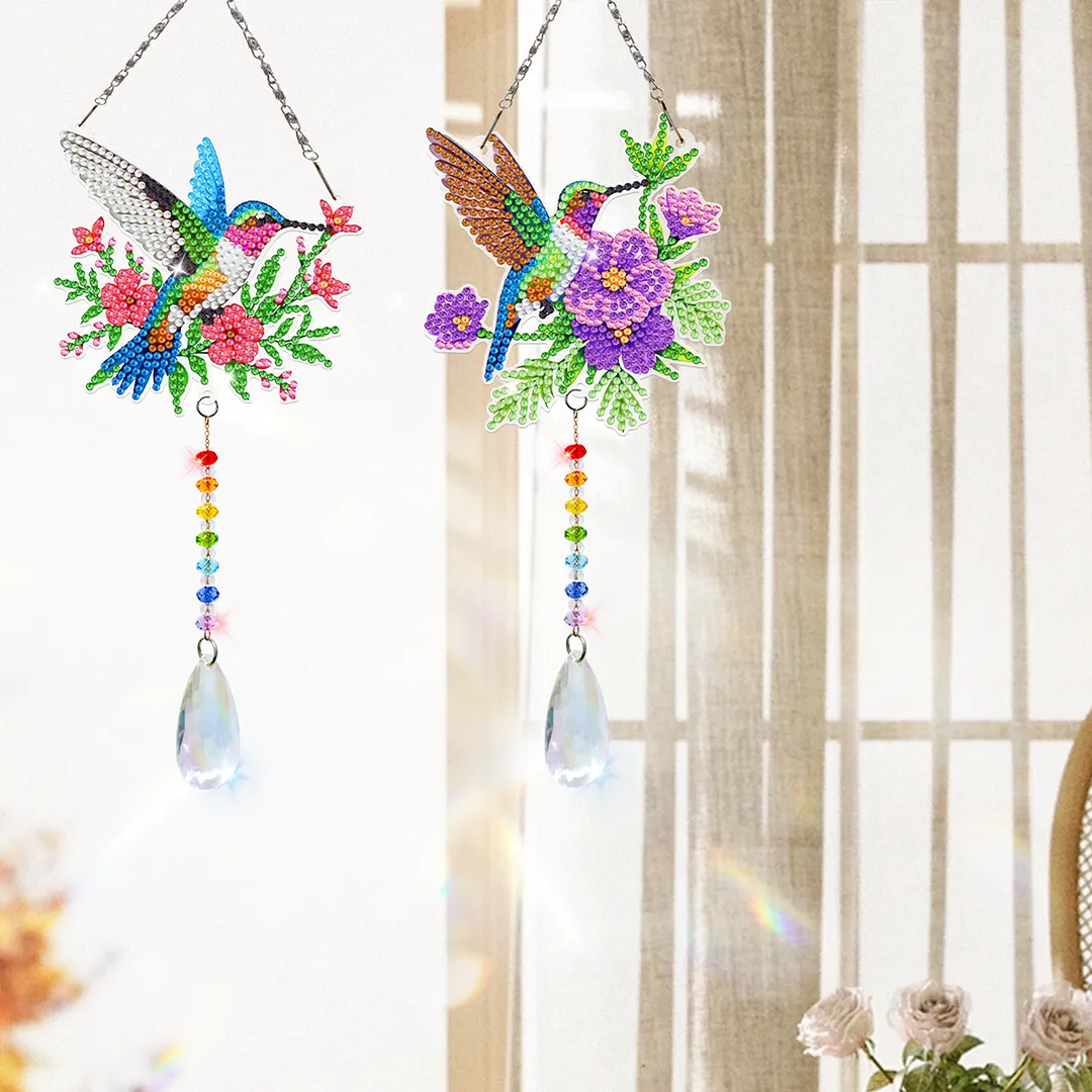 2Pcs Garden Hummingbird DIY Double-Sided Diamond Painting Hanging Kits Diamond Painting Suncatcher Craft Kit for Home Garden Wall Decor Gift