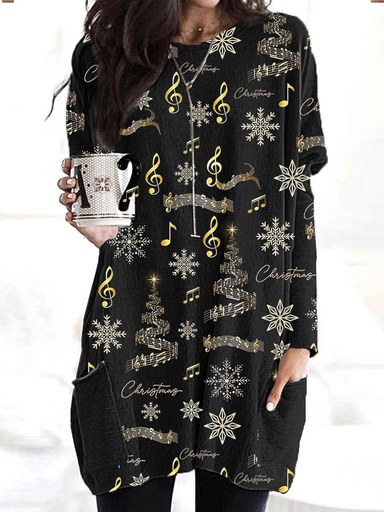 Comstylish Gold Music Notes Snowflake Christmas Cozy Casual Top