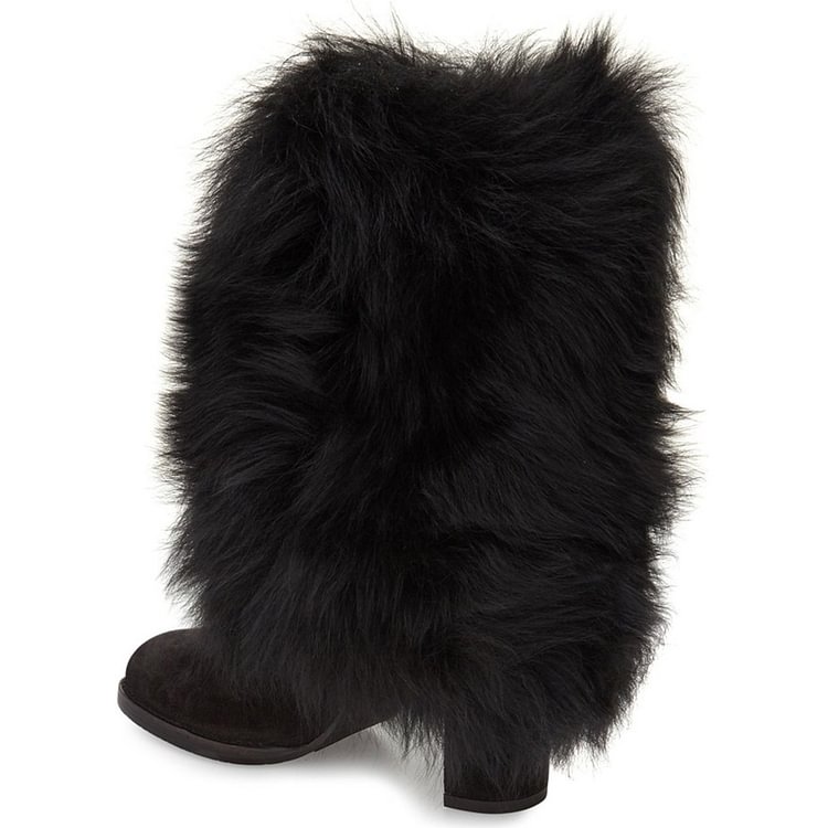 Black Fur Boots Chunky Heel Mid-calf Snow Boots |FSJ Shoes