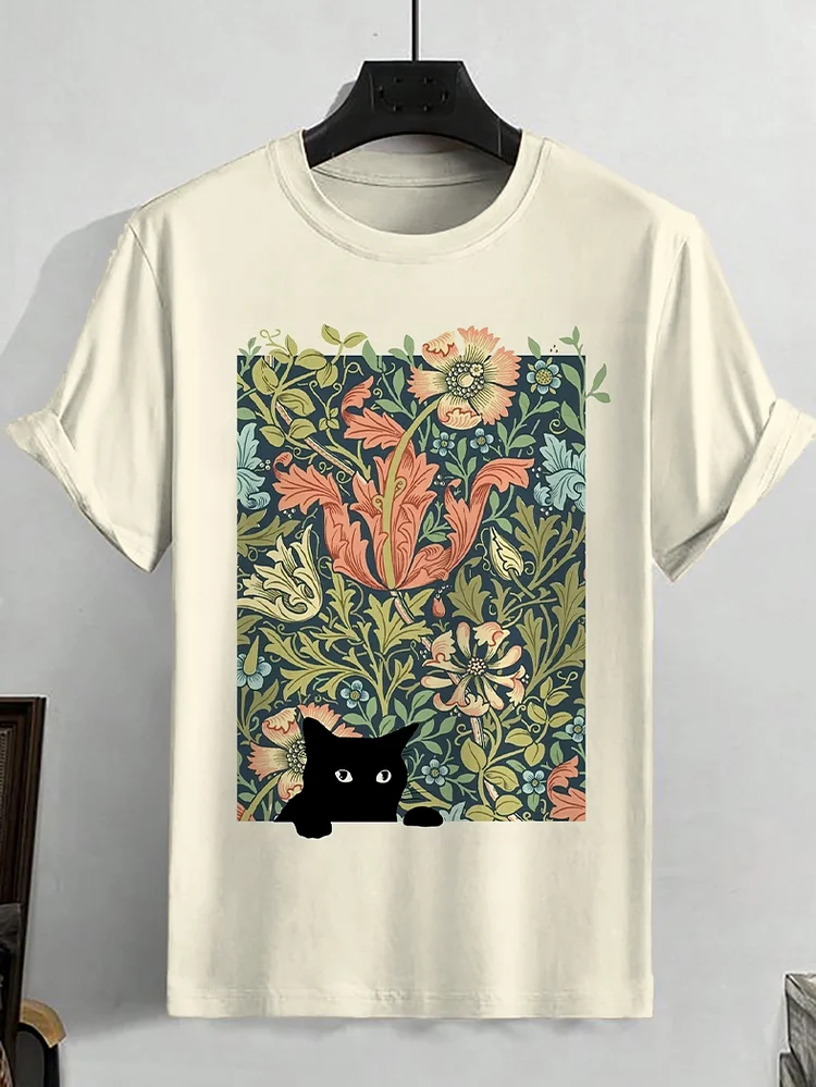 Men's Peekaboo Cat Flower Botanical Art Print Casual T-Shirt
