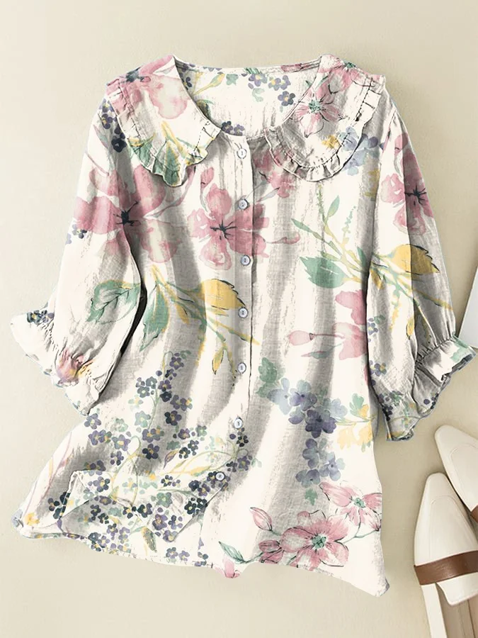 Watercolor Floral Cotton and Linen Loose Peter Pan Ruffle Collar Shirt