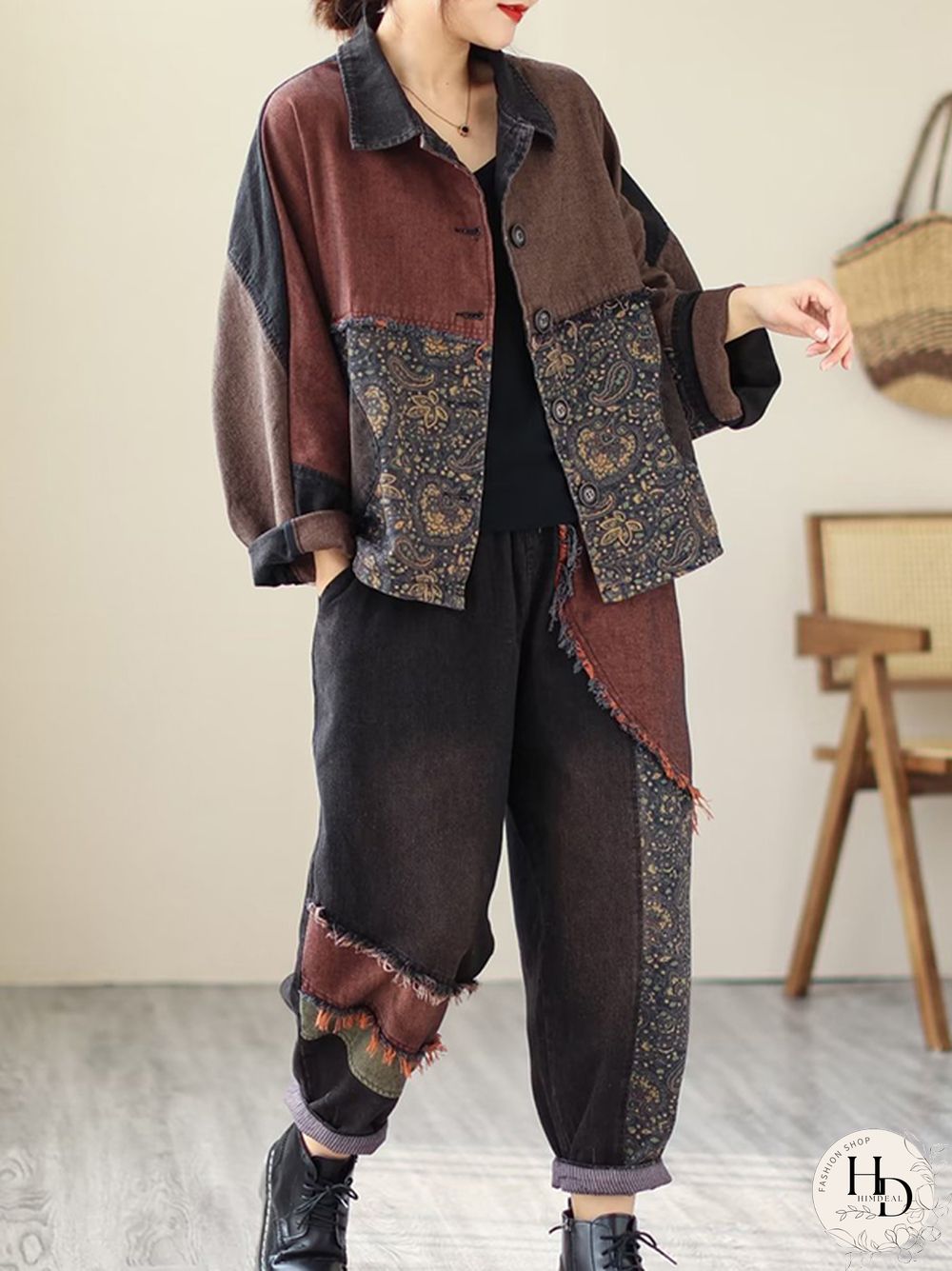 Contrast Color Fringed Split-Joint Long Sleeves Printed Outwear Harem Pants Two Pieces Set