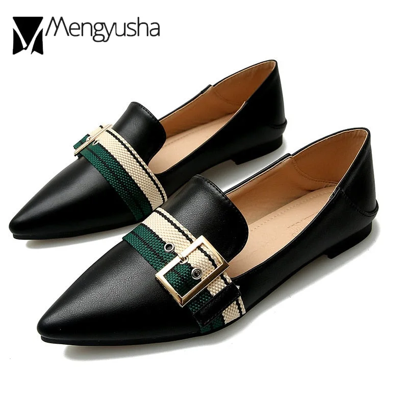 Pointed Toe Flats Womens Metal Buckle Single Shoes Cloth Belt Ballerina Loafers Slip On Lady Office Shoes Dress Leather Creepers