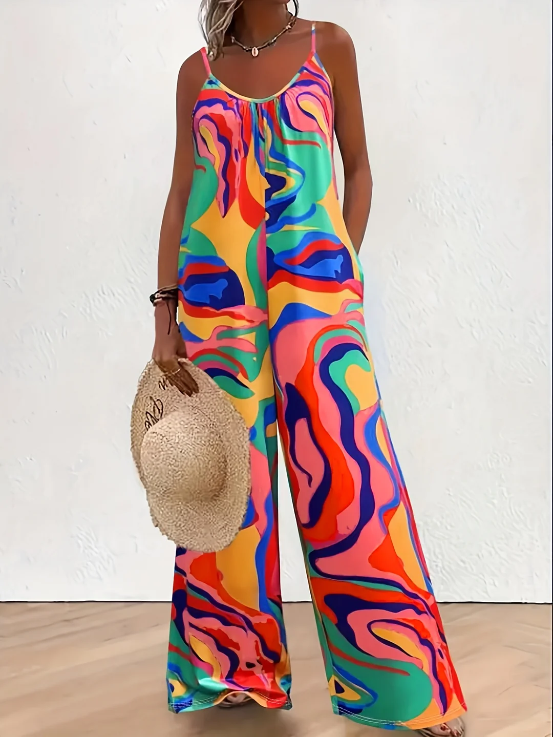 Women's Tropical Print Off-The-Shoulder One-Piece Swimsuit - Vibrant Colorful Abstract Design, Thin Straps, Machine Washable, Spring/Summer Beach Vacation & Casual Outfit, Bathing Suit | IFYHOME