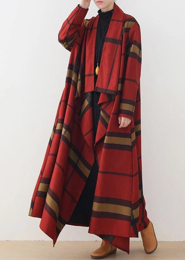 DIY asymmetric Plus Size maxi coat red plaid daily coats