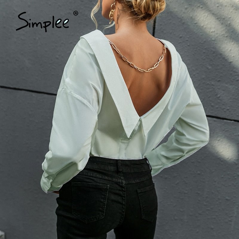 Simplee V neck white Backless chain women blouse shirts Long sleeve botton turn down collar tops Elegant spring blouse ladies