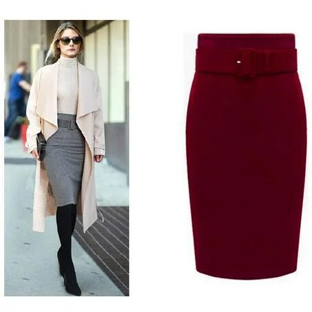 Autumn Winter Women Plus Size Thick Woolen Skirts Slim Belt Office Long Midi Skirt Step A-line Skirt Saias Longa Faldas Mujer